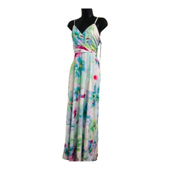 Nicole miller white satin look floral v-neck maxi spaghetti strap maxi‎ dress - Picture 1 of 16